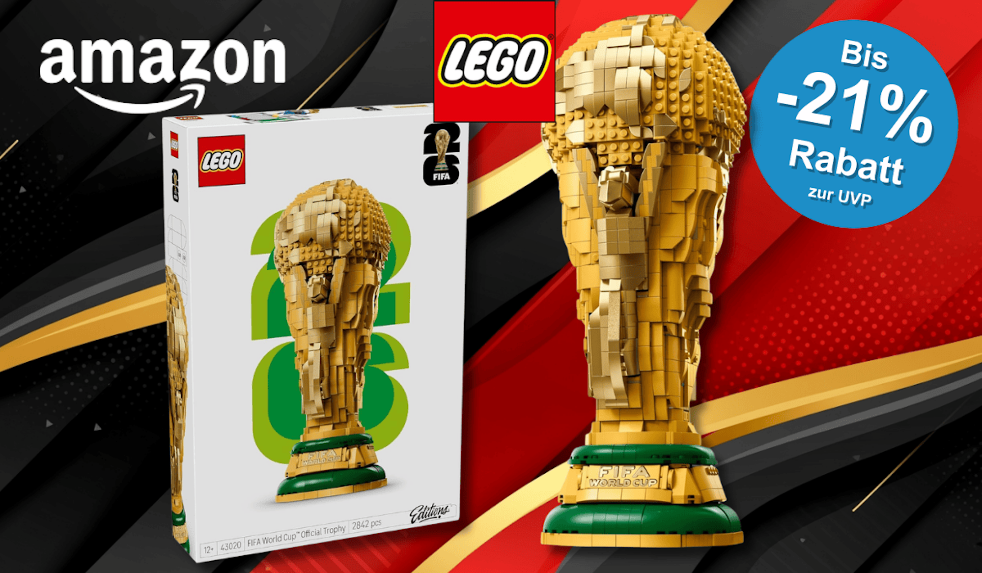 Der LEGO FIFA Pokal vor einem schwarz, rot, goldenen Hintergund.