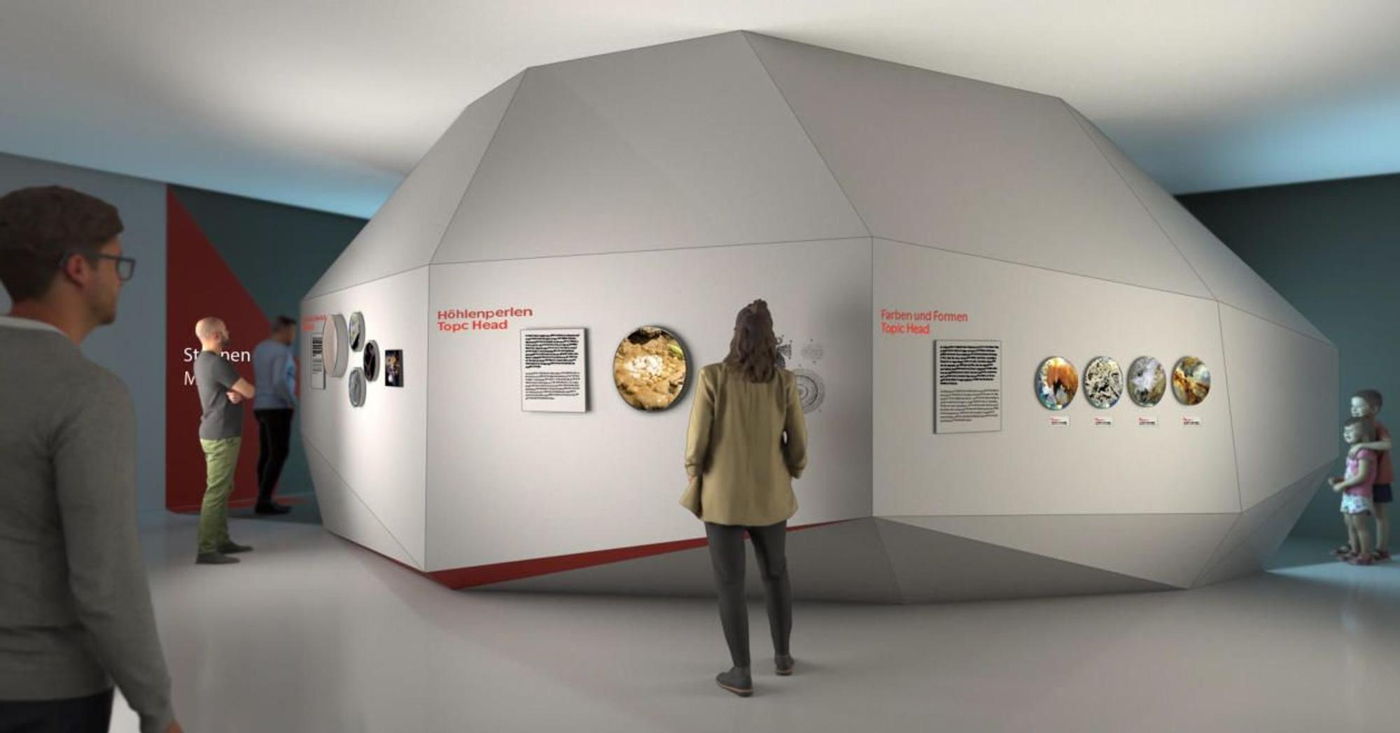 Entwürfe zum geplanten Höhlenerlebniszentrum Ründeroth des Planungsbüros Kunzberg. Die Visualisierungen zeigen Entwürfe zur Gestaltung und zum Farbkonzept der geplanten Ausstellungsorts.