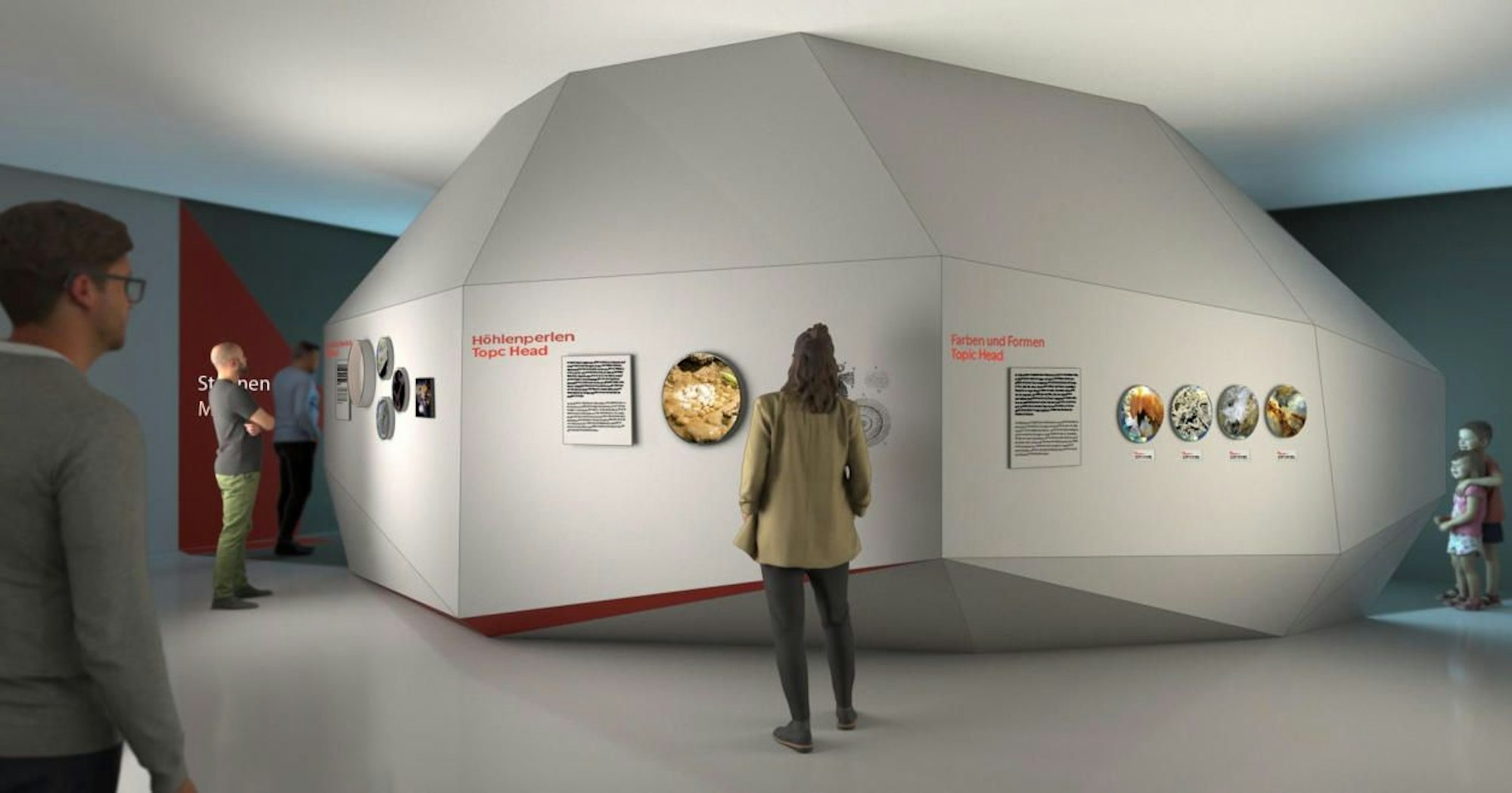 Entwürfe zum geplanten Höhlenerlebniszentrum Ründeroth des Planungsbüros Kunzberg. Die Visualisierungen zeigen Entwürfe zur Gestaltung und zum Farbkonzept der geplanten Ausstellungsorts.