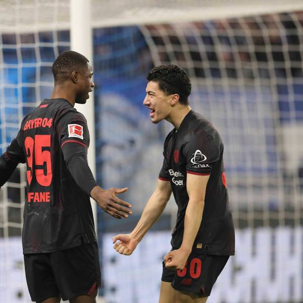 Foto : Torjubel bei Leverkusen nach dem Treffer zum 0-1 durch Christian Michel KOFANE , rechts gratuliert Ibrahim MAZA Fussball Bundesliga , Nachholspiel 17. Spieltag am Mi. 04.03.2026 Hamburger SV - Bayer 04 Leverkusen *** Photo Goal celebration at Leverkusen after the goal to 0 1 by Christian Michel KOFANE , on the right congratulates Ibrahim MAZA Soccer Bundesliga , catch-up match 17 matchday on Wed 04 03 2026 Hamburger SV Bayer 04 Leverkusen