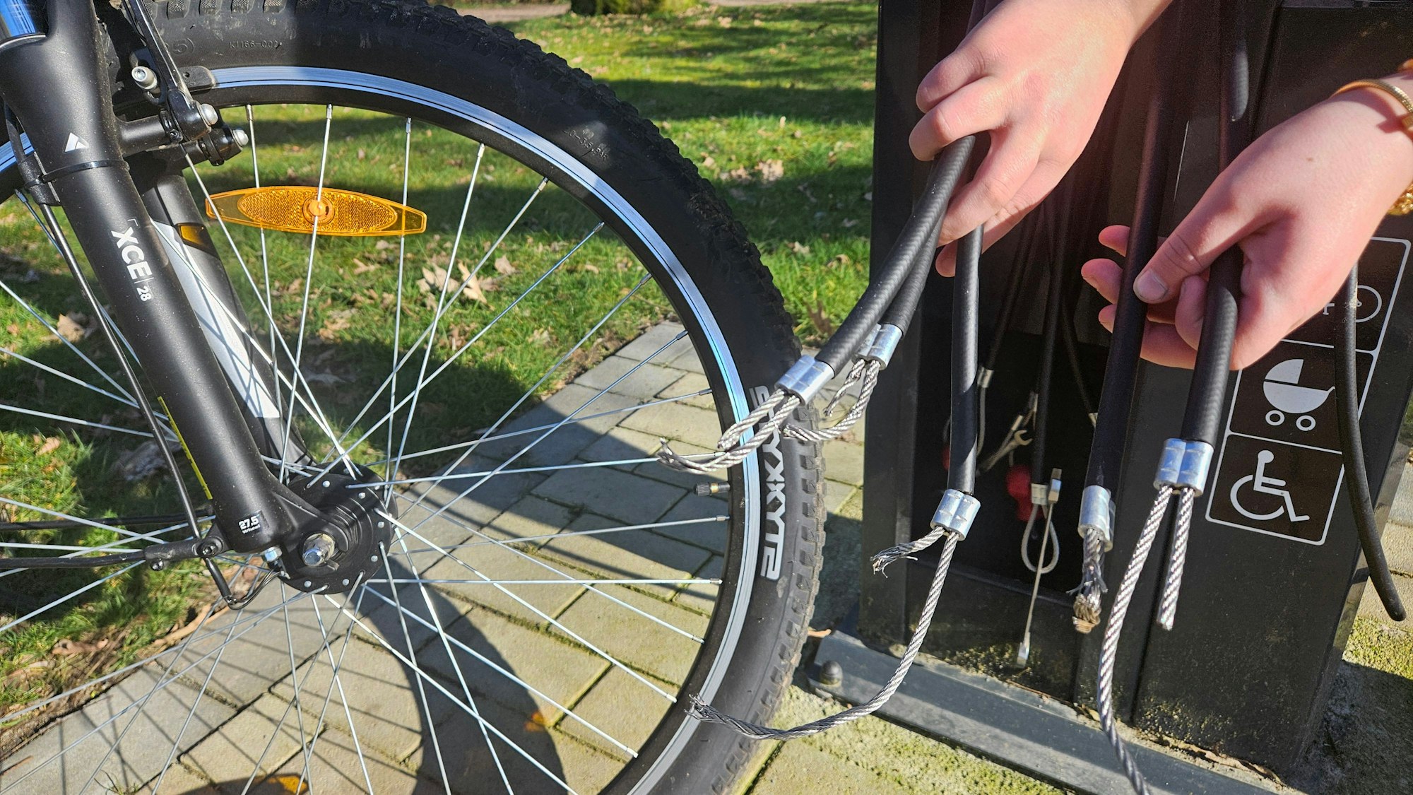 Zu sehen sind durchtrennte Drahtseile, an deren Enden eigentlich Werkzeuge sein müssten.