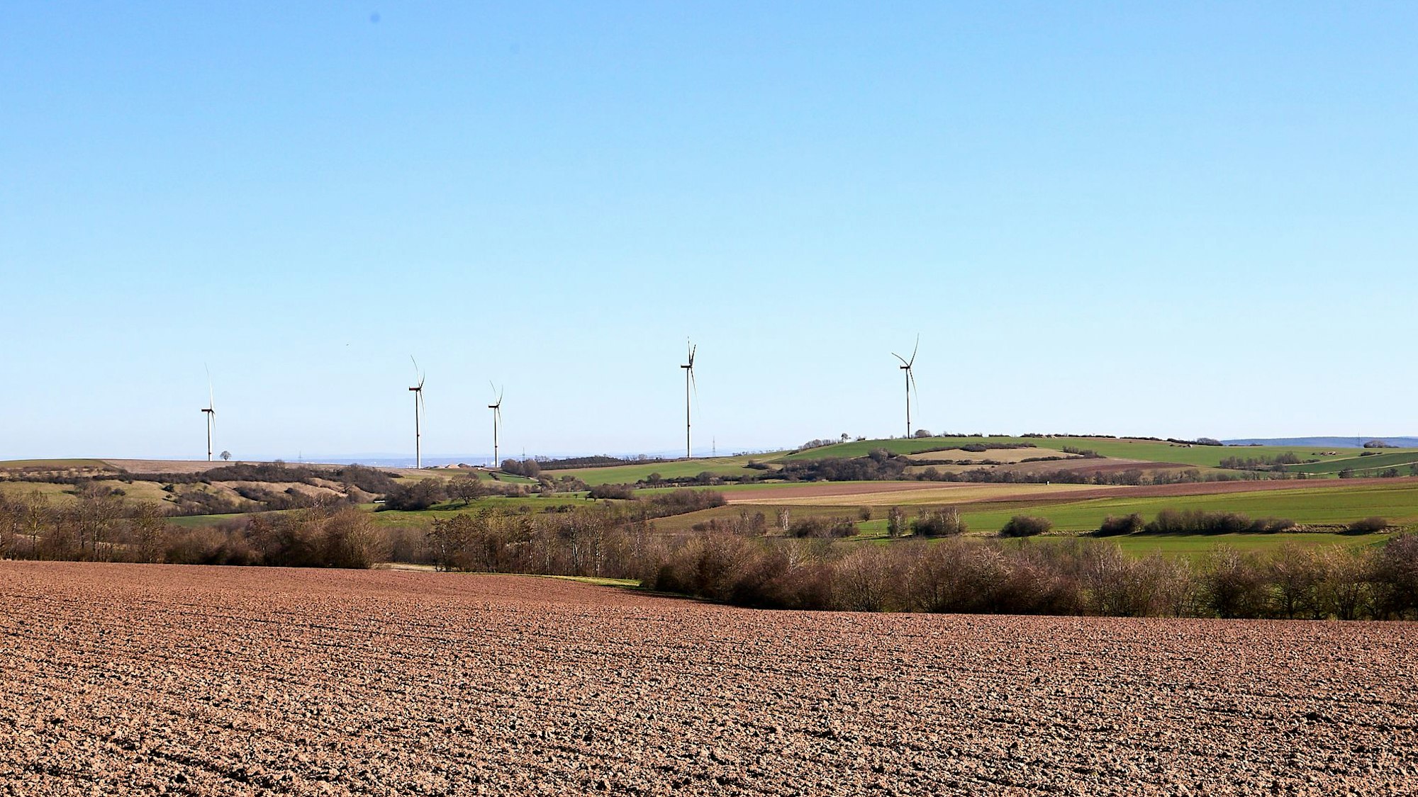 Das Bild zeigt die Eifellandschaft mit Windkraftanlagen im Hintergrund.