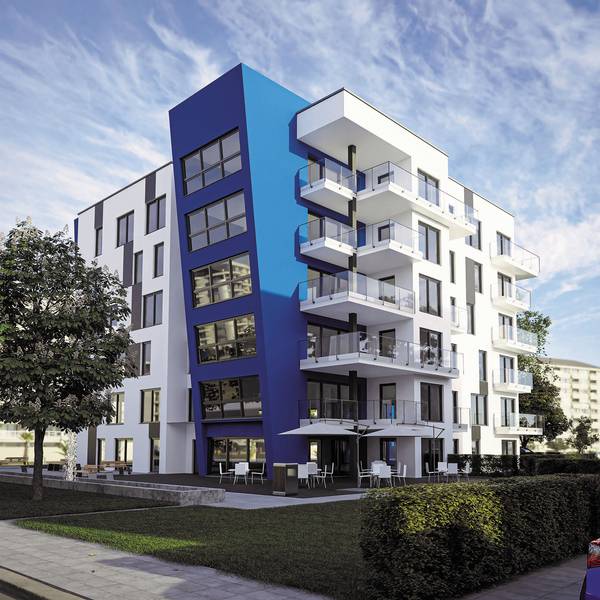 Zu sehen ist die Visualisierung eines weißen Gebäudes mit blauem Akzent.