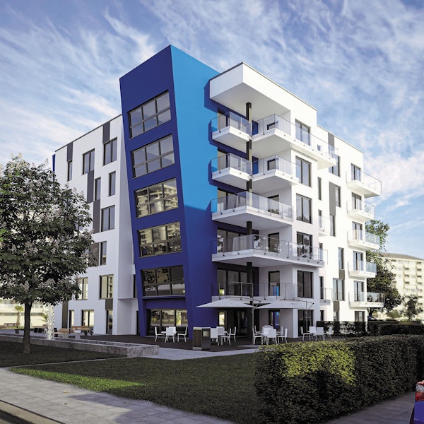 Zu sehen ist die Visualisierung eines weißen Gebäudes mit blauem Akzent.