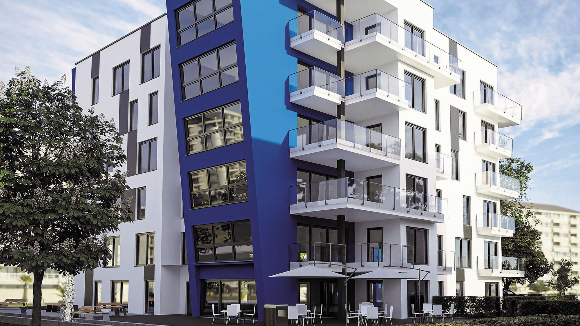 Zu sehen ist die Visualisierung eines weißen Gebäudes mit blauem Akzent.