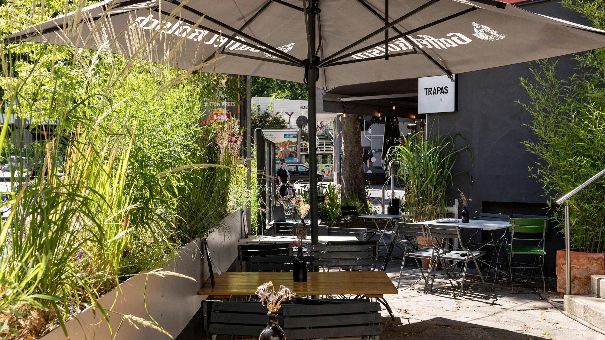 Blick auf das Trapas von außen mit Terrasse, darauf Pflanzen und Sonnenschirme.