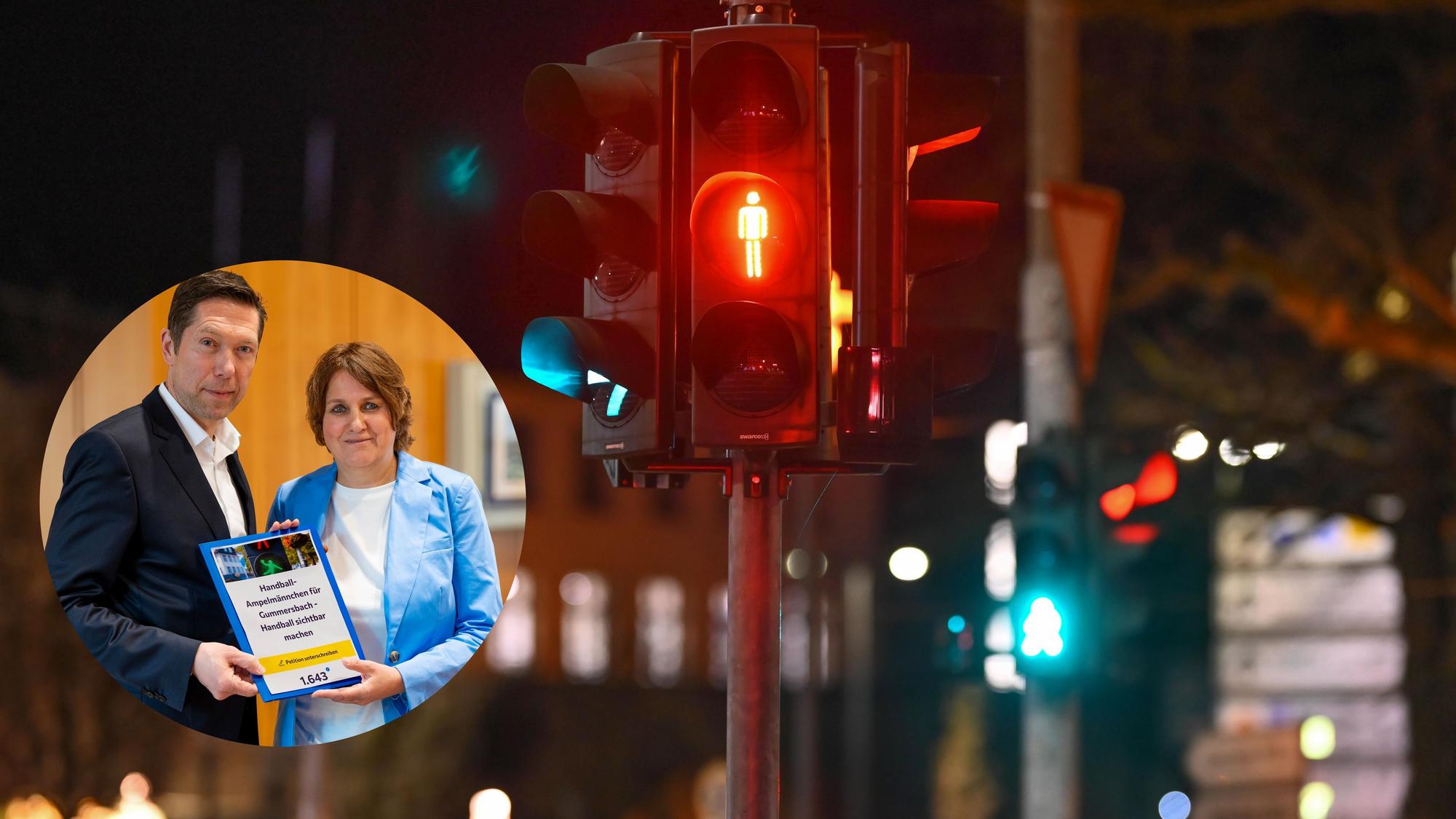 Die Ampeln im Bereich des EKZ Bergischer Hof - hier im großen Bild - sollen, wenn alles nach Plan läuft, bald umgerüstet werden. Inga Bormann überreichte dem Bürgermeister die Unterstützerliste zu ihrer Online-Petition.