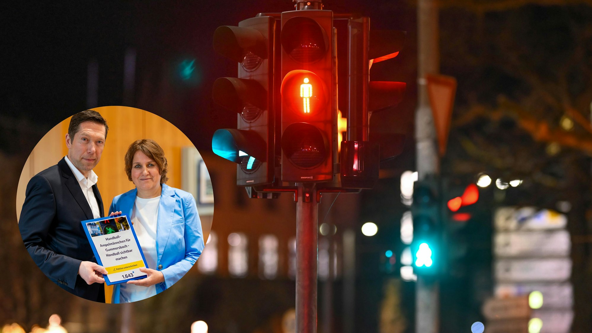 Die Ampeln im Bereich des EKZ Bergischer Hof - hier im großen Bild - sollen, wenn alles nach Plan läuft, bald umgerüstet werden. Inga Bormann überreichte dem Bürgermeister die Unterstützerliste zu ihrer Online-Petition.