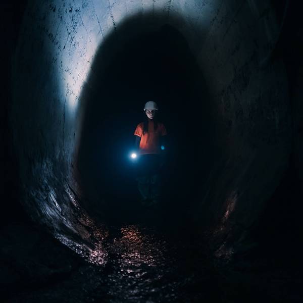 Gräberin mit Taschenlampe erkundet einen Tunnel.