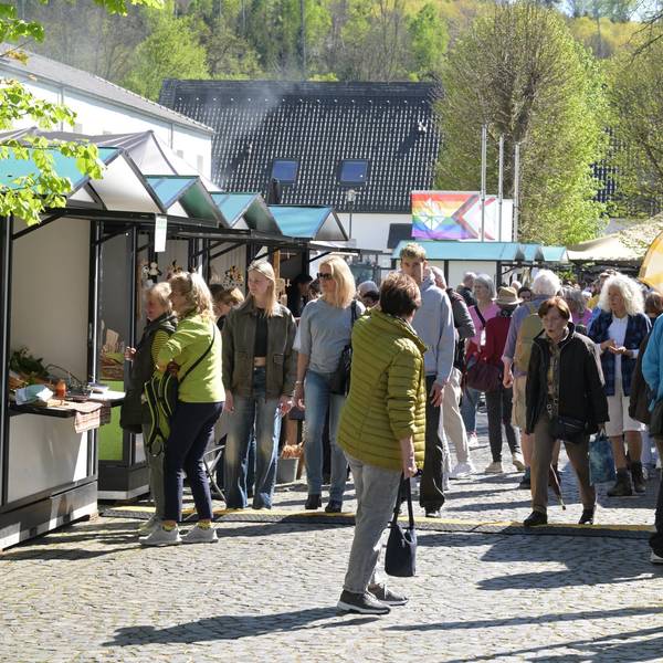 Viele Menschen auf einem Markt mit Ständen.