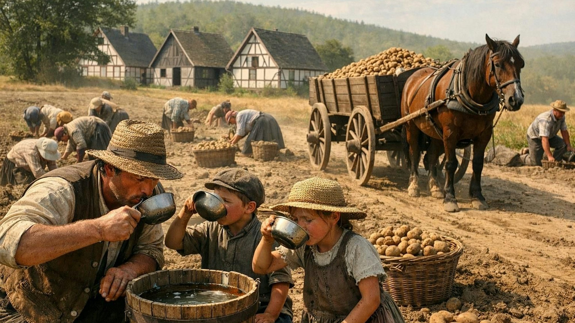 Das Foto zeigt Erwachsene und Kinder bei der Feldarbeit