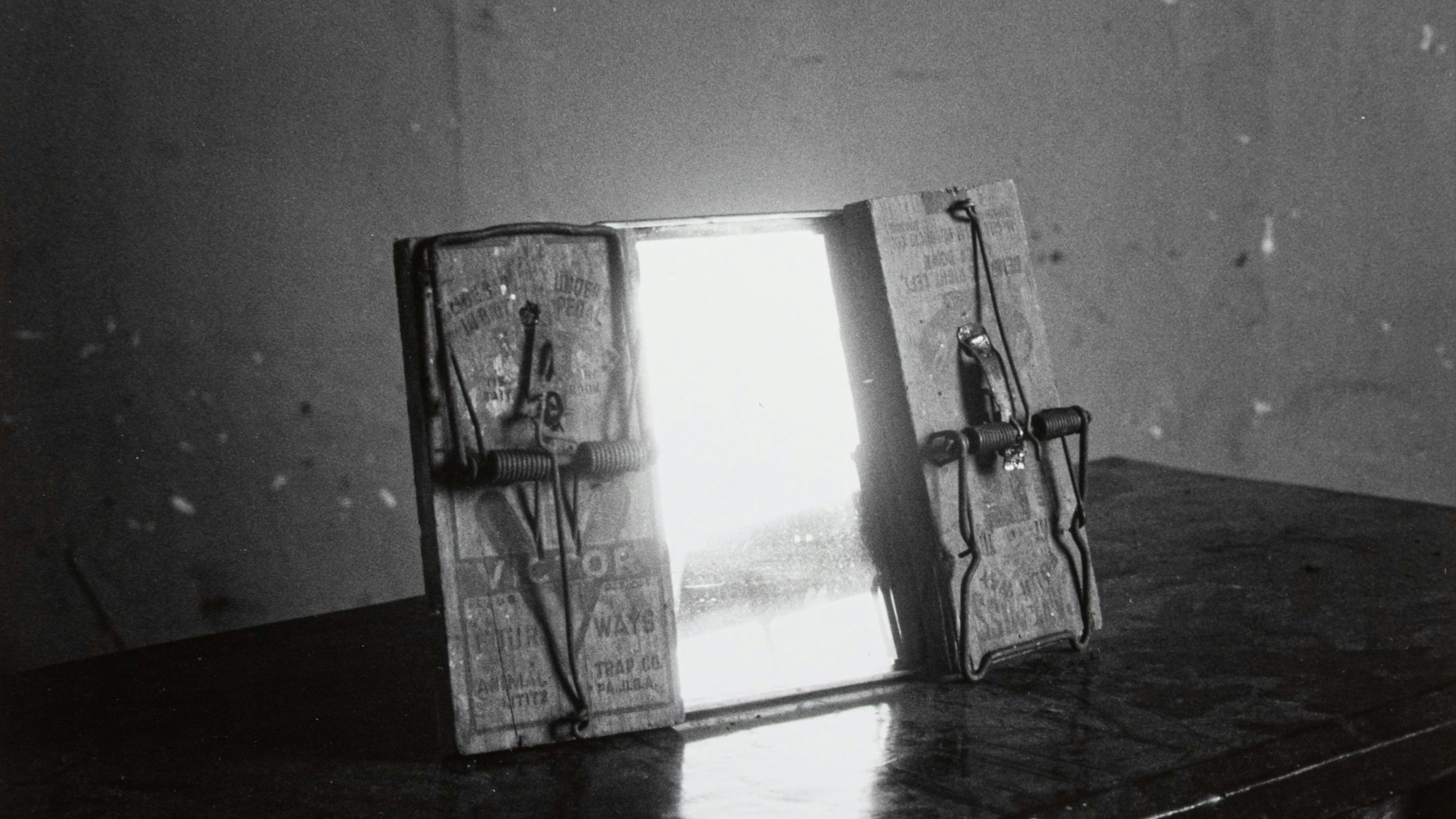 Ein Spiegel mit zwei Mausefallen steht auf einer Anrichte.