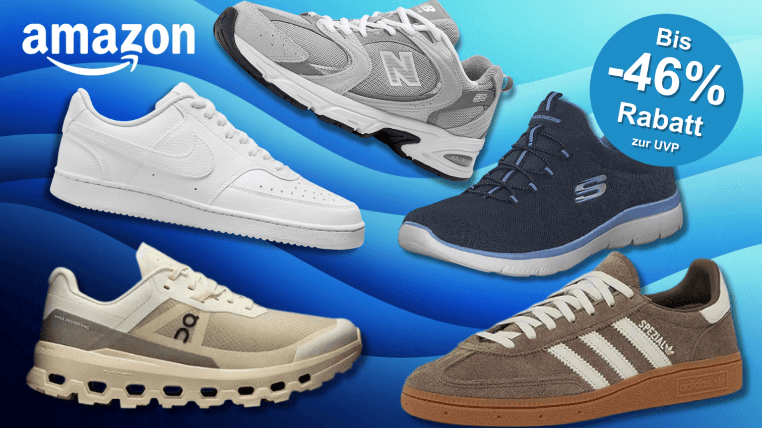 Sneaker von adidas, Nike, New Balance, On Running und Skechers vor einem blauen Hintergrund.