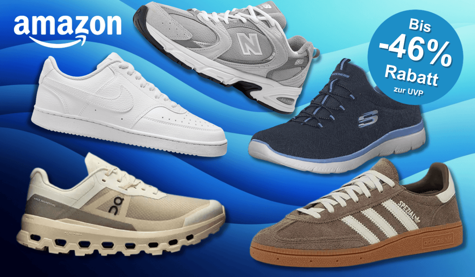 Sneaker von adidas, Nike, New Balance, On Running und Skechers vor einem blauen Hintergrund.