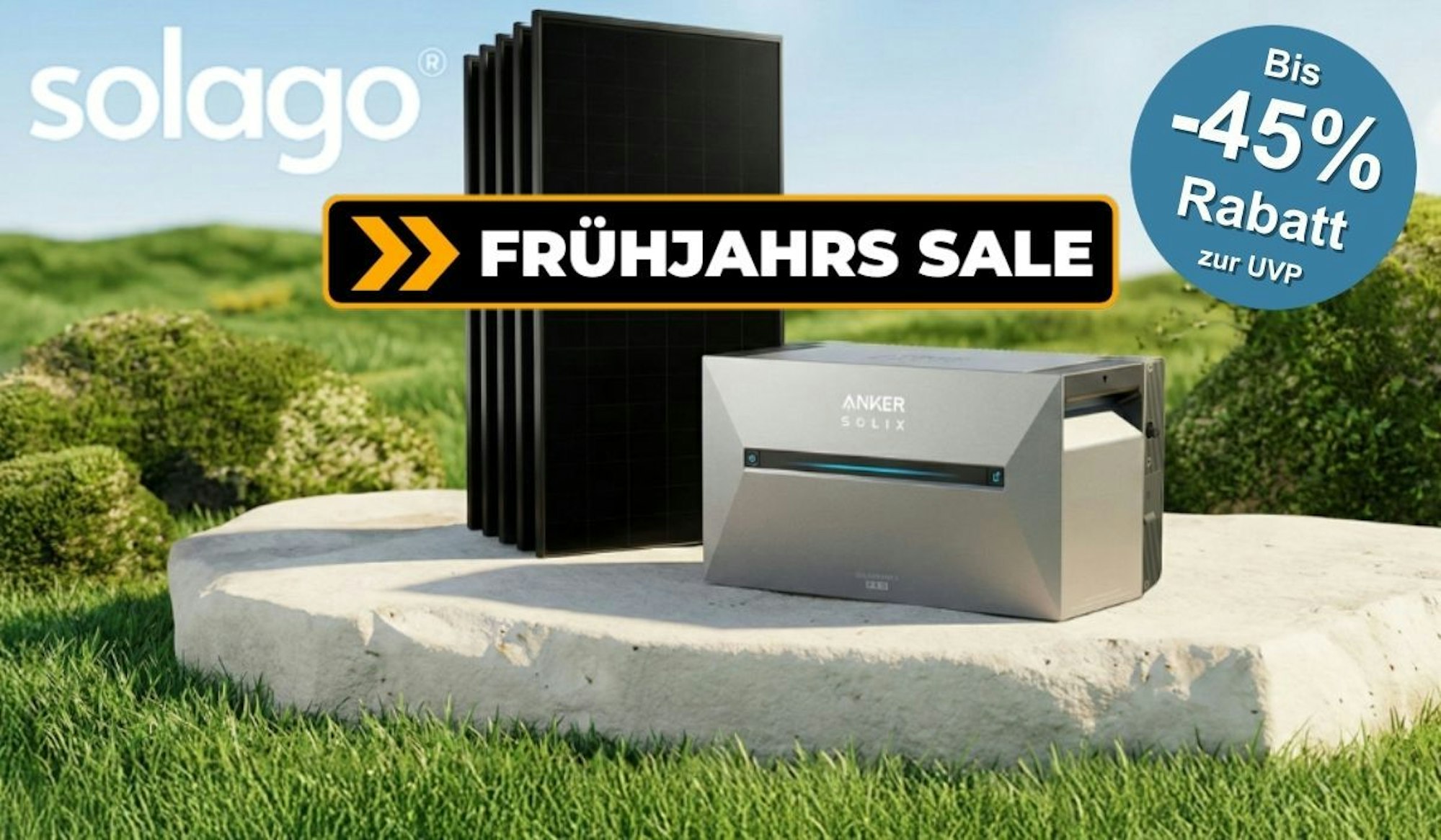 Solago Frühjahrs-Sale Banner mit AIKO-Solarmodulen und Anker-SOLIX-Speicher sowie Badge „bis -45% Rabatt zur UVP“ vor grüner Frühlingslandschaft und blauem, strahlendem Himmel