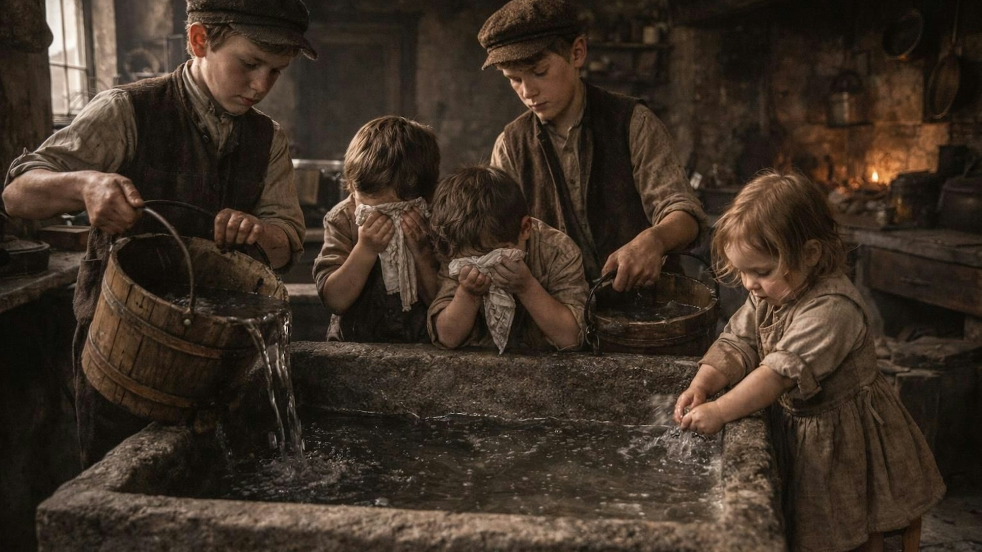 Das Foto zeigt Kinder beim Waschen am Wassertrog