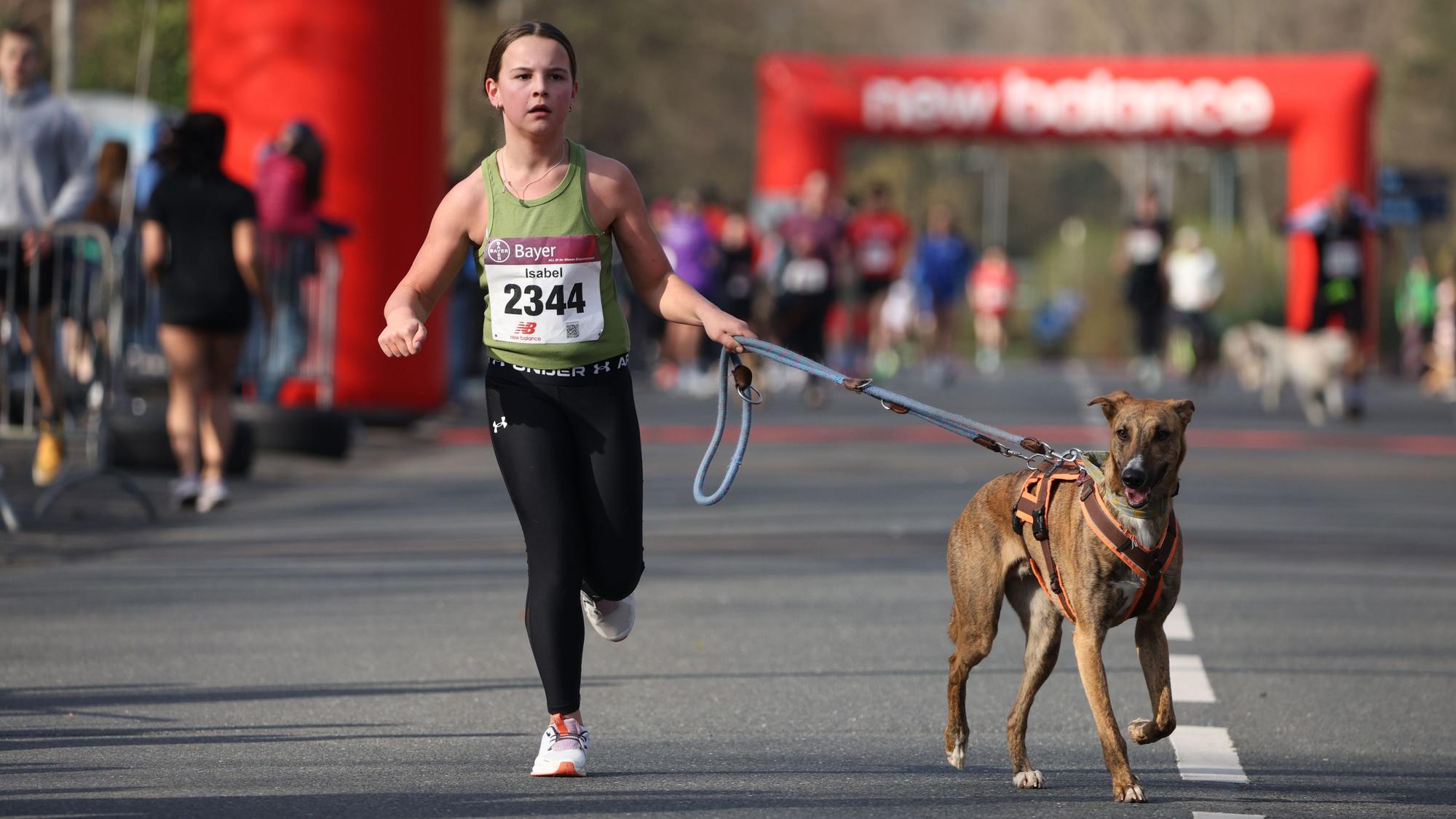 Ein Mädchen und ein Hund laufen über die Straße.