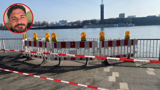 Absperr-Barken sichern eine Unfallstelle am Kölner Rheinufer