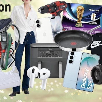 Viele Produkte aus Mode, Haushalt, Baumarkt, Technik und mehr von Marken wie Levi's, Ninja, Samsung, LEGO, Bosch, Tefal, Puma, On Sneaker, JBL, Apple iPhone, Nike Shirt und weiteren vor einem Hintergrund mit grüner Wiese und Frühlingsthema.