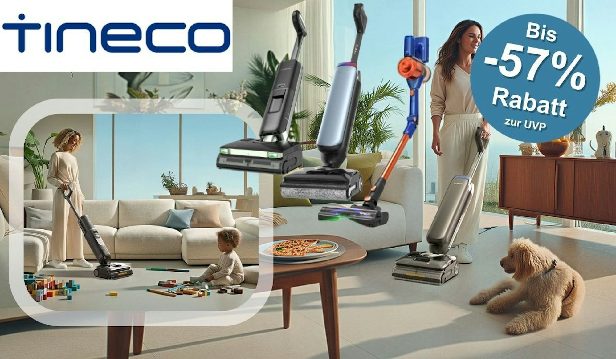 Eine Frau reinigt den Boden mit einem Tineco Bodenreiniger bzw. Staubsauger, während ein Hund entspannt auf dem Teppich liegt und ein weiteres Bild mit einer Frau. Sie saugt Staub, während ein kleines Kind mit Spielzeug auf dem Boden sitzt.