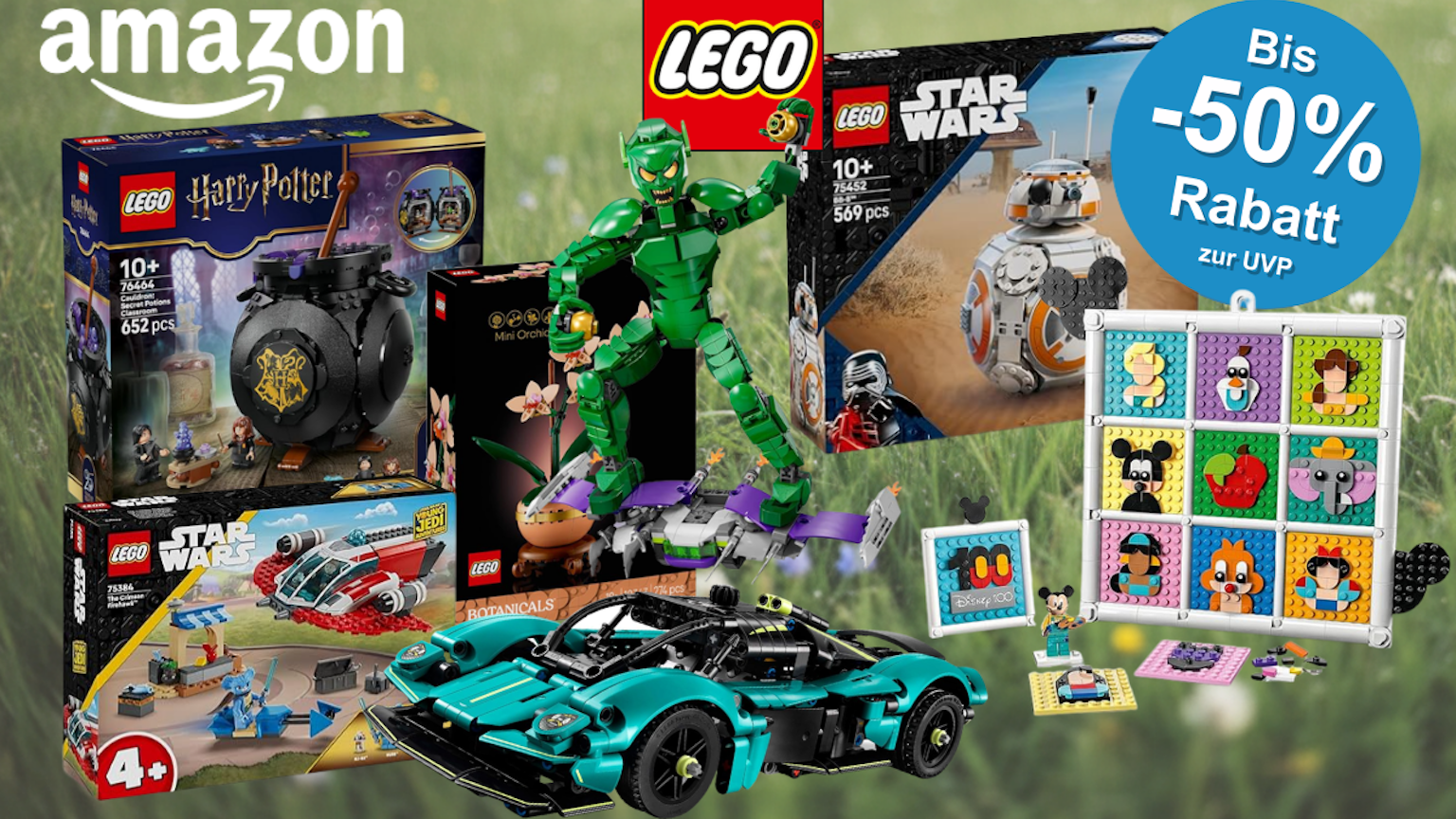 Lego Bausets von Harry Potter, Marvel, Star Wars und mehr vor einer grünen Wiese.