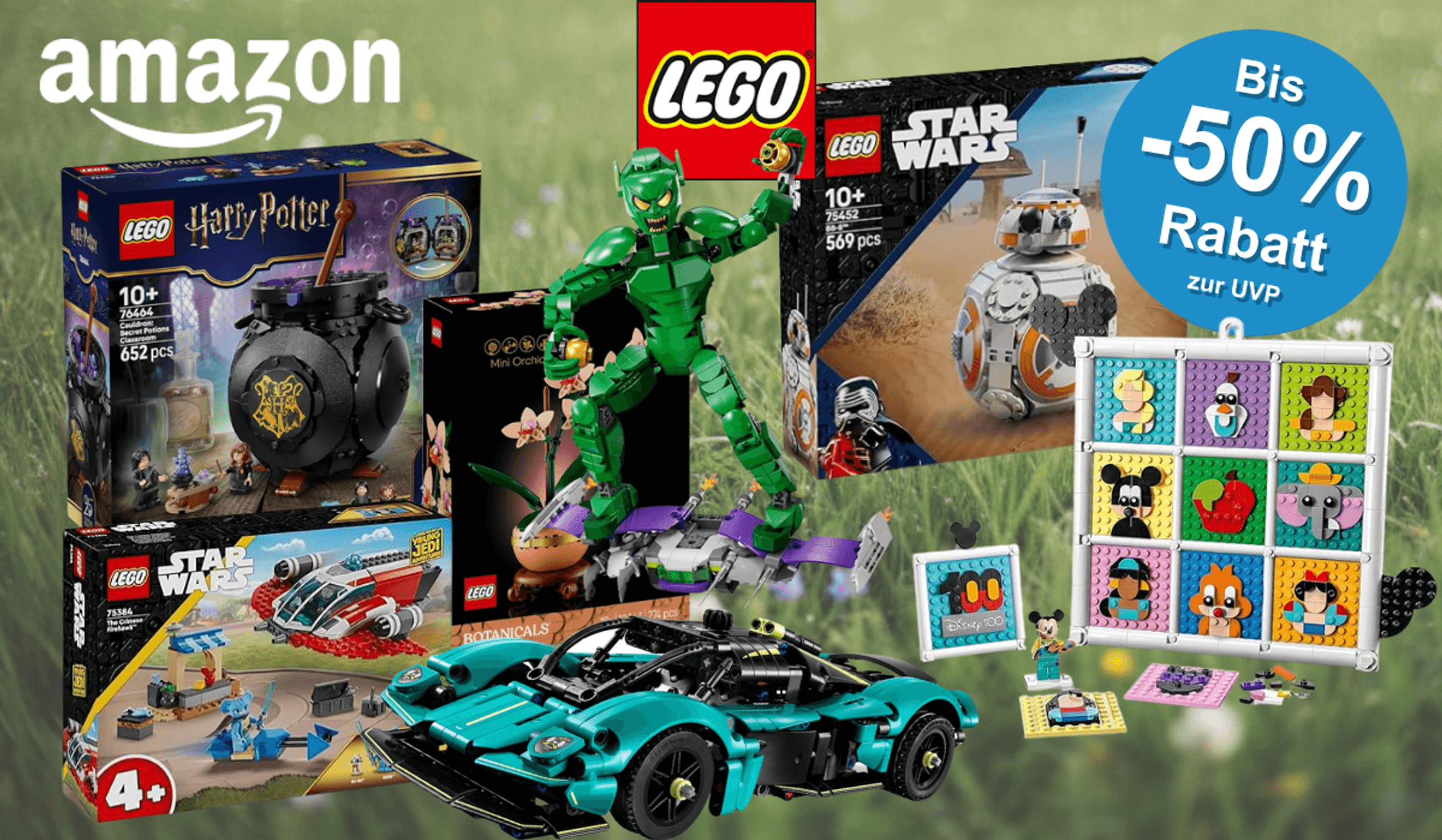 Lego Bausets von Harry Potter, Marvel, Star Wars und mehr vor einer grünen Wiese.