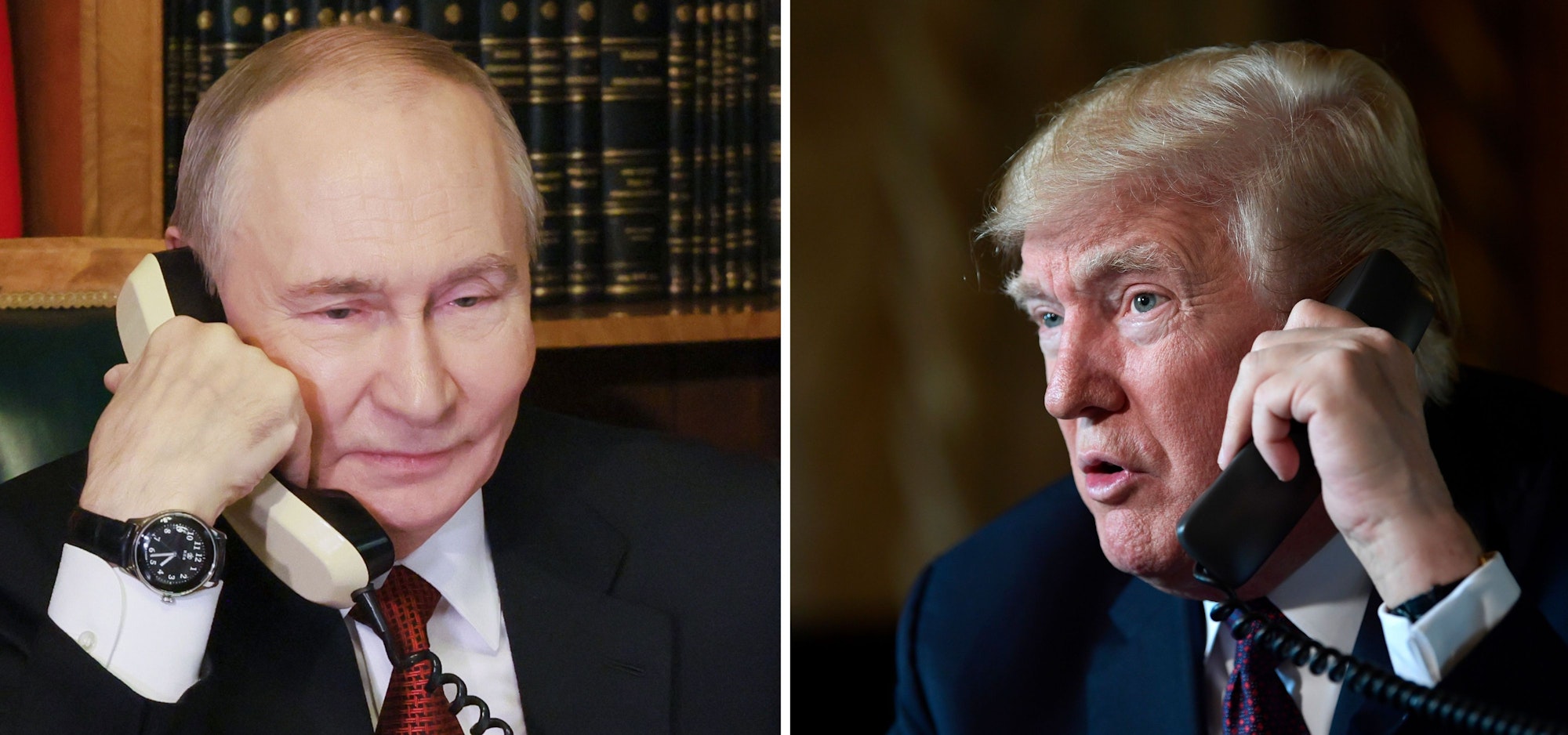 Die Kombo aus Archivbildern zeigt Russlands Präsidenten Wladimir Putin (l.) und den US-Präsidenten Donald Trump, jeweils am Telefon.