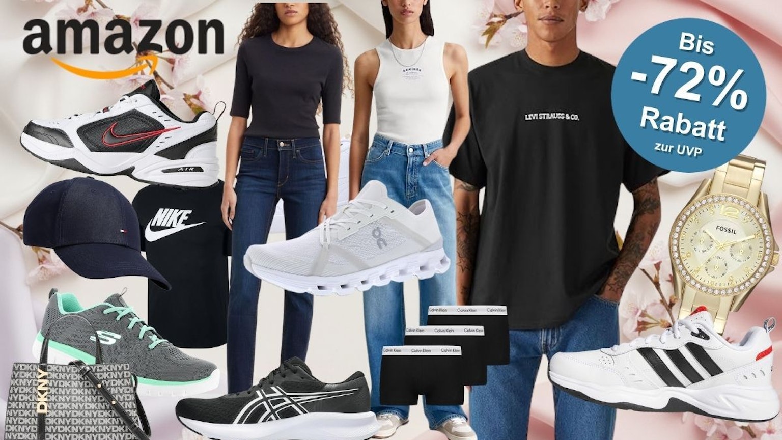 Amazon Frühlingsangebote 2026: Collage mit Fashion-Deals von Top-Marken wie Nike, adidas, Calvin Klein, Levi's, Skechers, ASICS, On Running, DKNY und Fossil – Sneaker, Kleidung und Accessoires, präsentiert vor einem frühlingshaften Kirschblüten-Hintergrund.