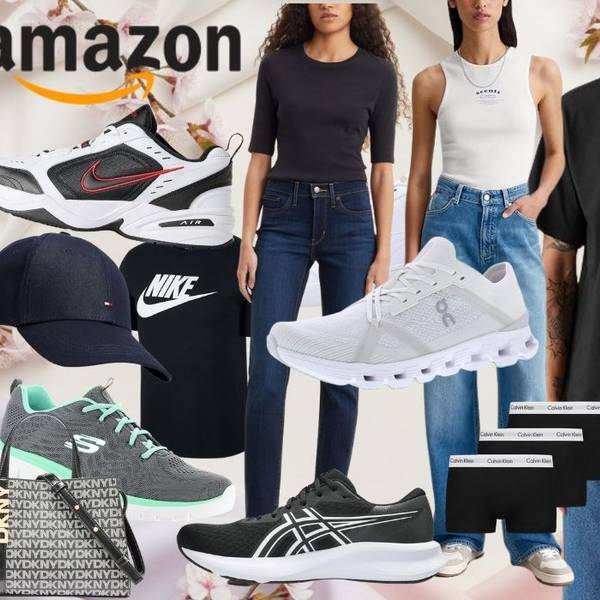 Amazon Frühlingsangebote 2026: Collage mit Fashion-Deals von Top-Marken wie Nike, adidas, Calvin Klein, Levi's, Skechers, ASICS, On Running, DKNY und Fossil – Sneaker, Kleidung und Accessoires, präsentiert vor einem frühlingshaften Kirschblüten-Hintergrund.