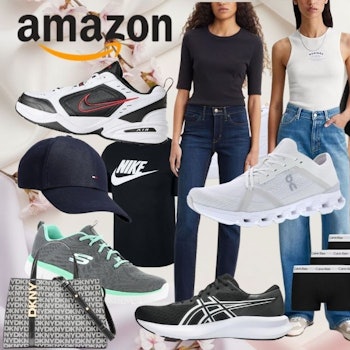 Amazon Frühlingsangebote 2026: Collage mit Fashion-Deals von Top-Marken wie Nike, adidas, Calvin Klein, Levi's, Skechers, ASICS, On Running, DKNY und Fossil – Sneaker, Kleidung und Accessoires, präsentiert vor einem frühlingshaften Kirschblüten-Hintergrund.