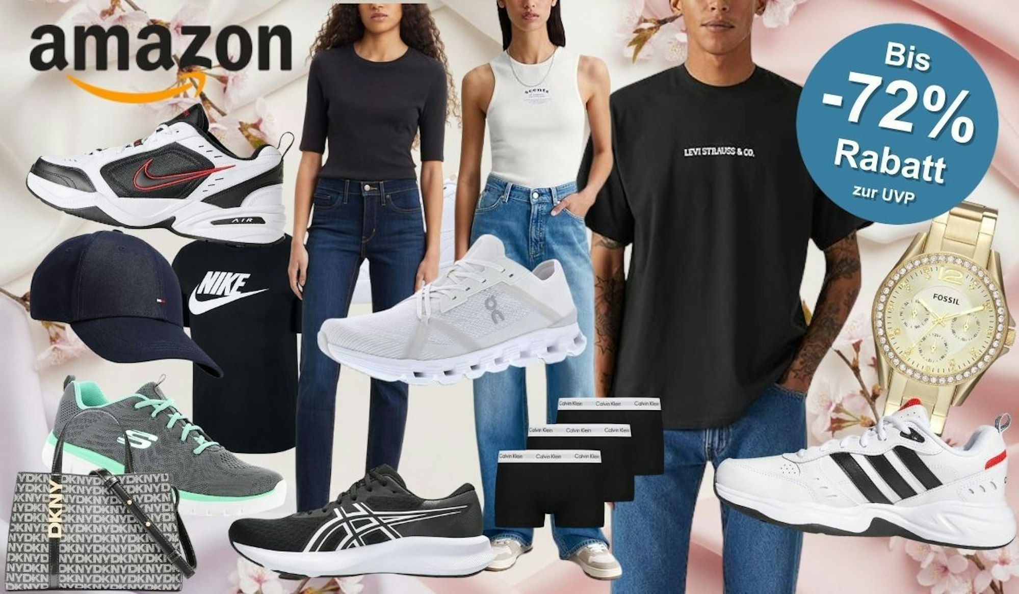 Amazon Frühlingsangebote 2026: Collage mit Fashion-Deals von Top-Marken wie Nike, adidas, Calvin Klein, Levi's, Skechers, ASICS, On Running, DKNY und Fossil – Sneaker, Kleidung und Accessoires, präsentiert vor einem frühlingshaften Kirschblüten-Hintergrund.