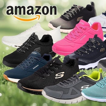 Amazon Frühlingsangebote 2026: Collage mit zahlreichen Skechers Sneaker-Modellen in verschiedenen Farben und Styles – darunter Modelle in Schwarz, Weiß, Navy, Pink, Grau, Türkis und Mehrfarben für Damen, Herren und Kinder – mit bis zu 52 % Rabatt zur UVP, präsentiert vor einem frühlingshaften grünen Bokeh-Hintergrund.
