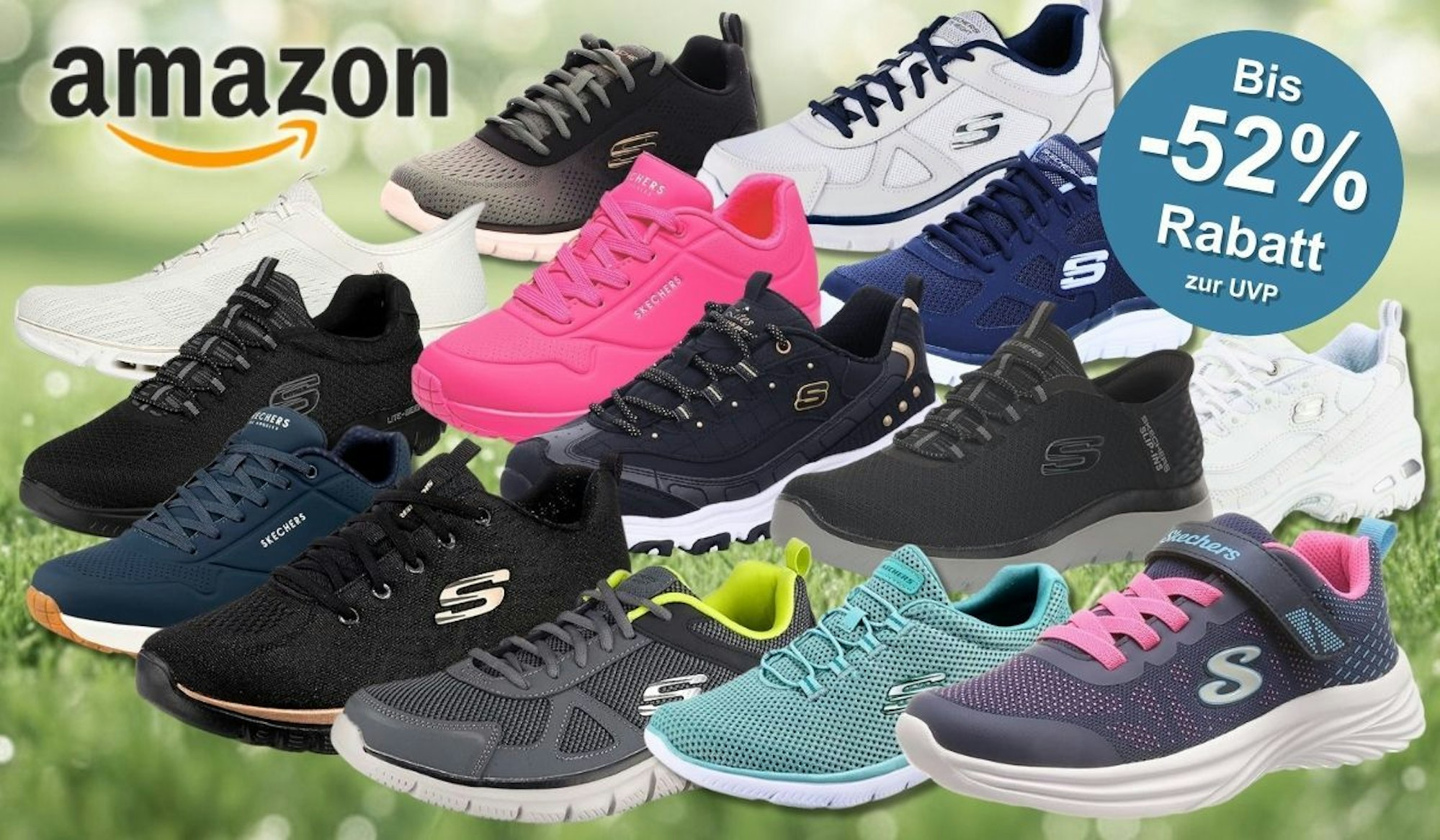 Amazon Frühlingsangebote 2026: Collage mit zahlreichen Skechers Sneaker-Modellen in verschiedenen Farben und Styles – darunter Modelle in Schwarz, Weiß, Navy, Pink, Grau, Türkis und Mehrfarben für Damen, Herren und Kinder – mit bis zu 52 % Rabatt zur UVP, präsentiert vor einem frühlingshaften grünen Bokeh-Hintergrund.