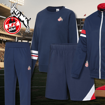 Produktbilder der neuen FC Retro Kollektion vor einem Stadion Hintergrund.