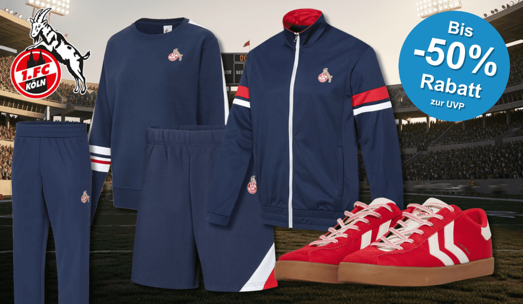 Produktbilder der neuen FC Retro Kollektion vor einem Stadion Hintergrund.