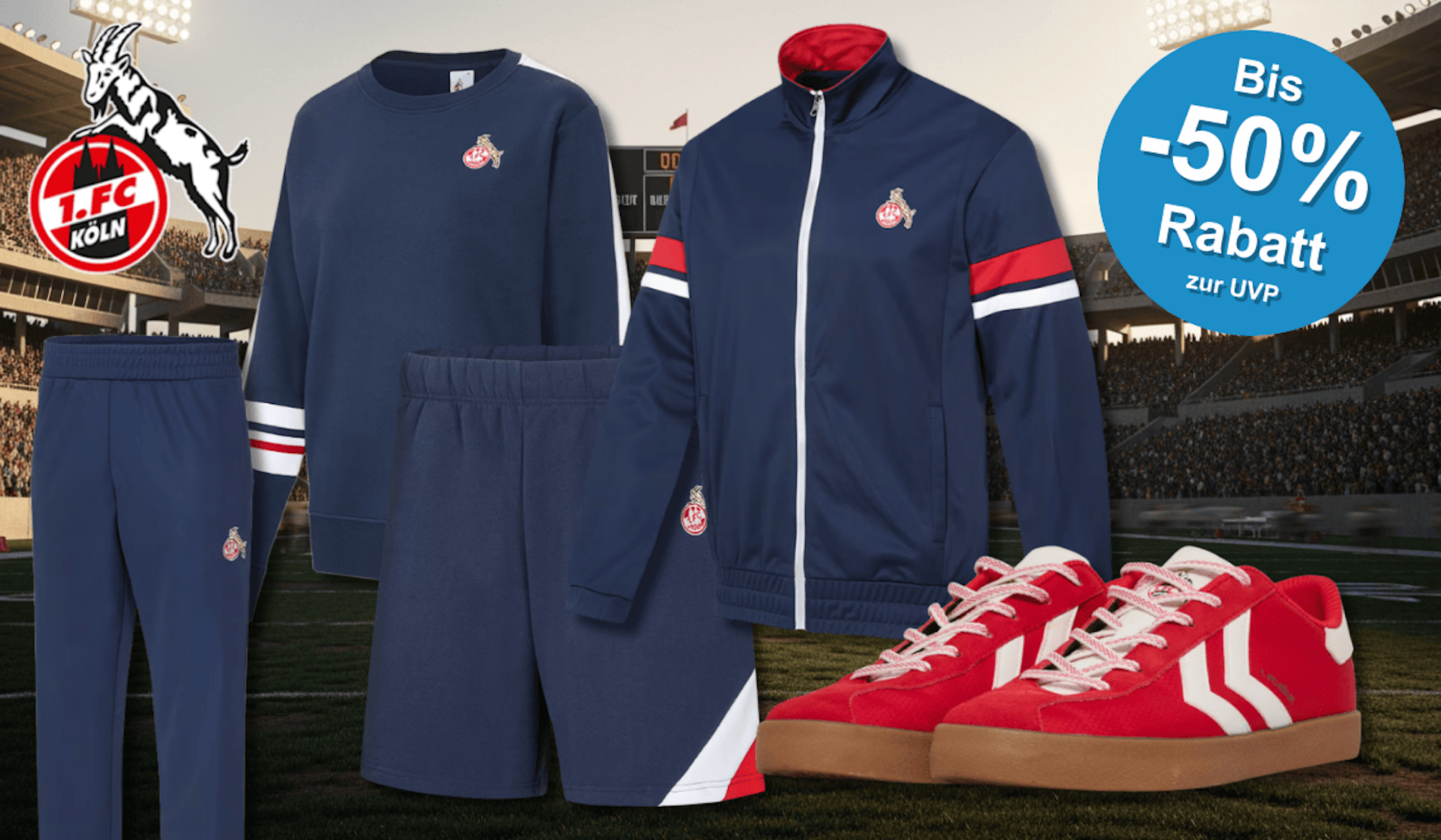 Produktbilder der neuen FC Retro Kollektion vor einem Stadion Hintergrund.