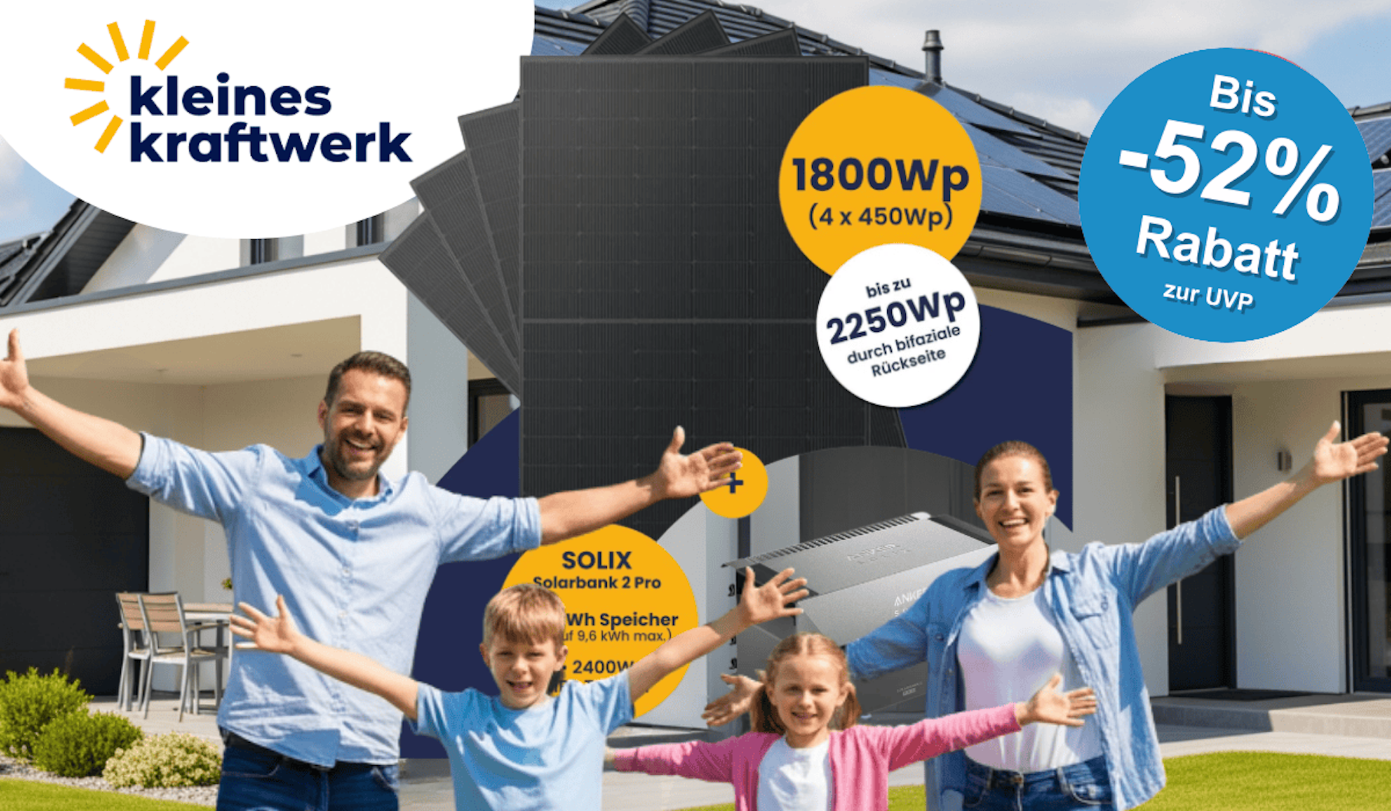 Der Kleines Kraftwerk Deal vor einer Familie und Haus.