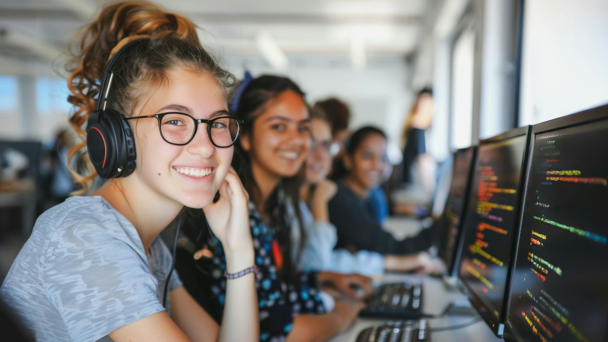 Das Foto zeigt junge Frauen vor Bildschirmen.