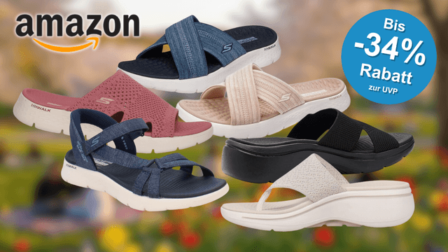 Skechers Go Walk Sandalen in mehreren Designs vor einem Frühlingshintergrund.