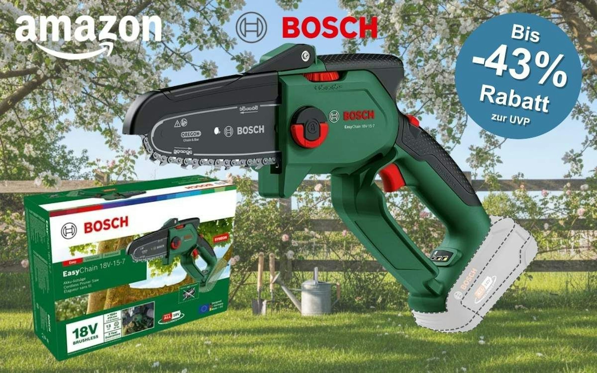 Bosch EasyChain 18V-15-7 kompakte Akku-Mini-Kettensäge mit Originalverpackung vor einem frühlingshaften Gartenhintergrund mit blühenden Bäumen und bunten Frühlingsblumen, mit Amazon-Logo, Bosch-Logo und einem roten Rabatt-Badge mit der Aufschrift „Bis -43 % Rabatt zur UVP" – Amazon Frühlingsangebote 2026.
