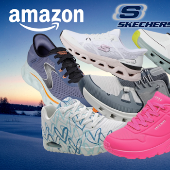 Amazon Frühlingsangebote 2026: Collage mit zahlreichen Skechers Sneaker-Modellen in verschiedenen Farben und Styles – darunter Modelle in Schwarz, Weiß, Navy, Pink, Grau, Türkis und Mehrfarben für Damen, Herren und Kinder – mit bis zu 52 % Rabatt zur UVP, präsentiert vor einem frühlingshaften grünen Bokeh-Hintergrund.