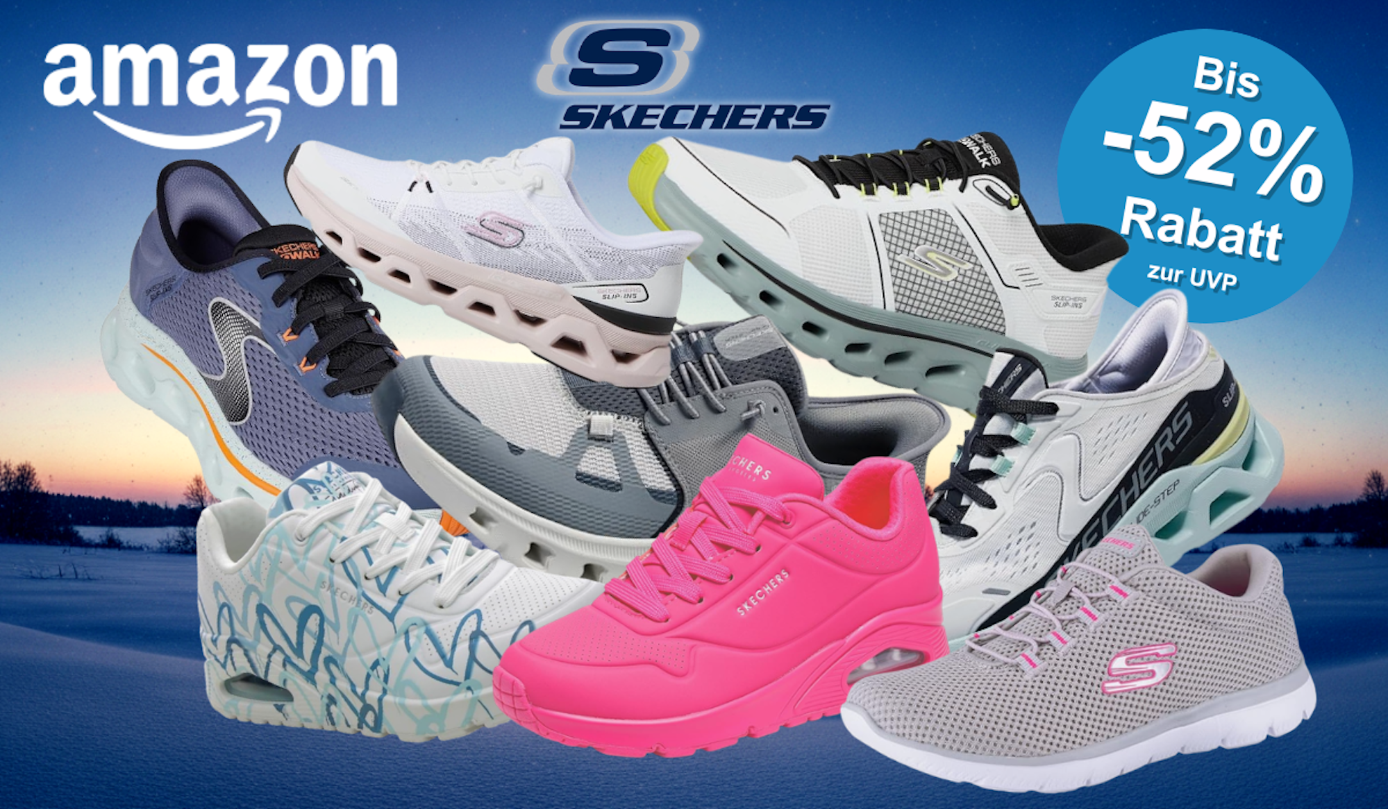 Amazon Frühlingsangebote 2026: Collage mit zahlreichen Skechers Sneaker-Modellen in verschiedenen Farben und Styles – darunter Modelle in Schwarz, Weiß, Navy, Pink, Grau, Türkis und Mehrfarben für Damen, Herren und Kinder – mit bis zu 52 % Rabatt zur UVP, präsentiert vor einem frühlingshaften grünen Bokeh-Hintergrund.