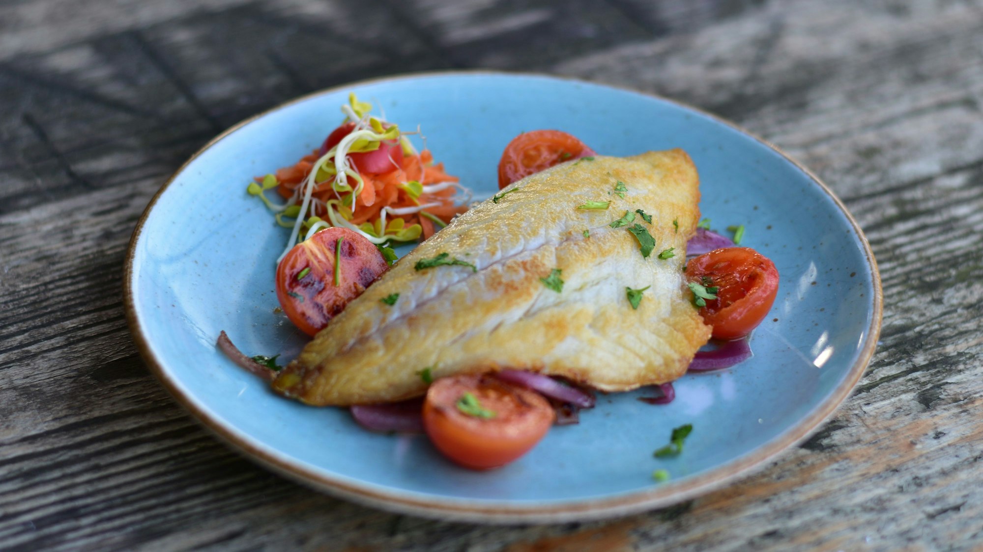 Gegrilltes Doradenfilet im Flohberg, die roten Zwiebeln sind nach portugiesischer Escabeche-Art mariniert.