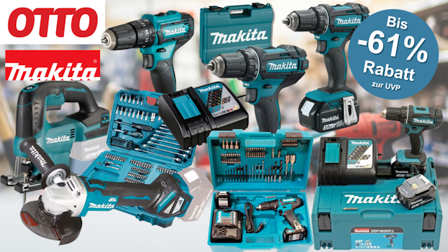 Makita Produkte wie Werkzeuge und Zubehör Geräte, Akku-Bohrschrauber, Werkzeugkoffer, Bohrer-Bits, Stichsäge vor einem Hintergrund eines Baumarkts bzw. einer Werkstatt.