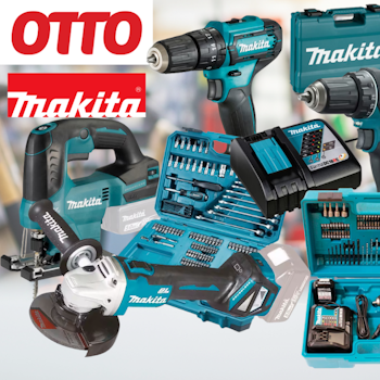 Makita Produkte wie Werkzeuge und Zubehör Geräte, Akku-Bohrschrauber, Werkzeugkoffer, Bohrer-Bits, Stichsäge vor einem Hintergrund eines Baumarkts bzw. einer Werkstatt.