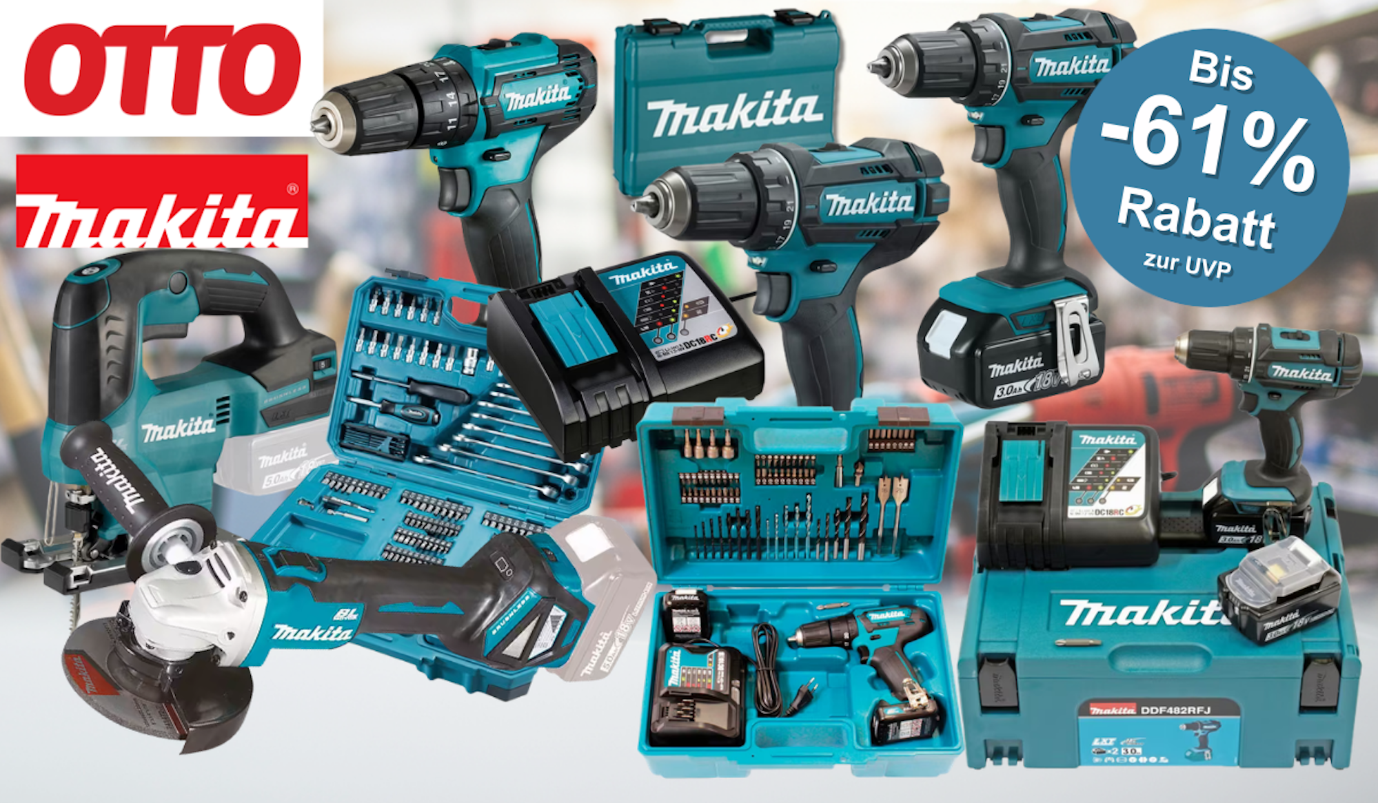 Makita Produkte wie Werkzeuge und Zubehör Geräte, Akku-Bohrschrauber, Werkzeugkoffer, Bohrer-Bits, Stichsäge vor einem Hintergrund eines Baumarkts bzw. einer Werkstatt.