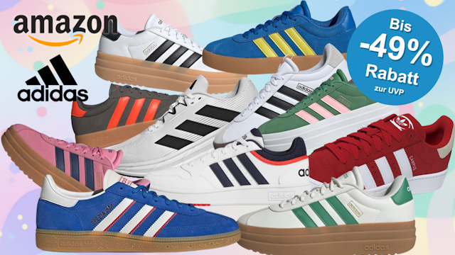 Anordnung verschiedener adidas Sneaker-Modelle vor einem bunten Hintergrund mit Muster.