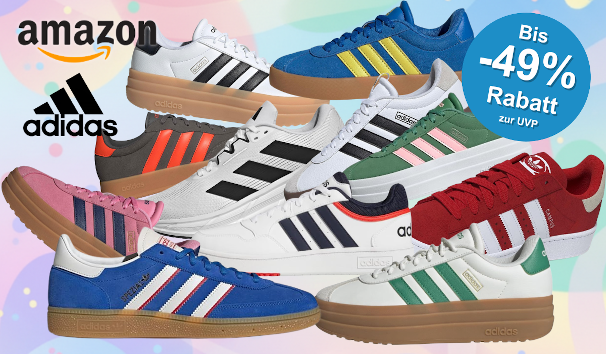 Anordnung verschiedener adidas Sneaker-Modelle vor einem bunten Hintergrund mit Muster.