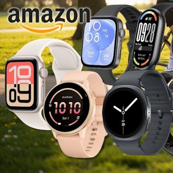 Collage mehrerer Smartwatches verschiedener Marken – darunter Apple Watch, Samsung Galaxy Watch und Garmin – vor einem sonnigen Frühlingspark-Hintergrund mit einem Radfahrer, mit Amazon-Logo und blauem Rabatt-Badge mit der Aufschrift „Bis -57 % Rabatt zur UVP"