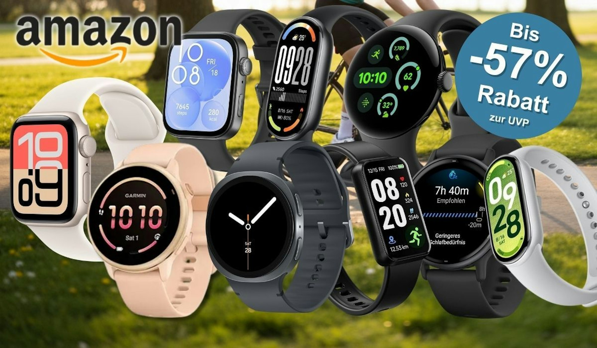 Collage mehrerer Smartwatches verschiedener Marken – darunter Apple Watch, Samsung Galaxy Watch und Garmin – vor einem sonnigen Frühlingspark-Hintergrund mit einem Radfahrer, mit Amazon-Logo und blauem Rabatt-Badge mit der Aufschrift „Bis -57 % Rabatt zur UVP"